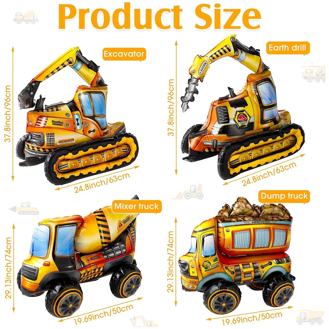 4Pcs 4D Building Balloon Birthday Party Supplies Excavator Vehicles Dump Truck Mixer Truck Aluminum Foil Balloons Party Decor
