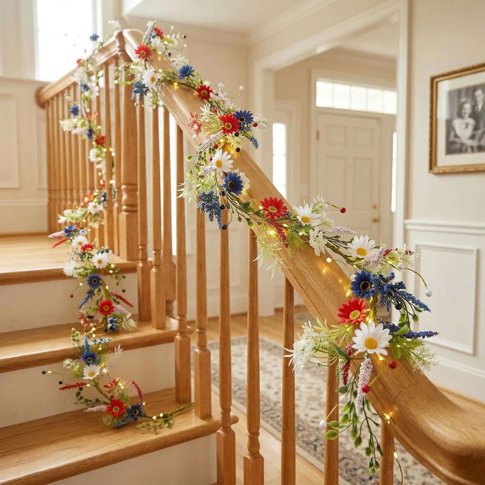 4th July Wreath 4 9Ft Red White Blue Daisy Garland Patriotic Decor for Independence Day Memorial Day Front Door Porch Party