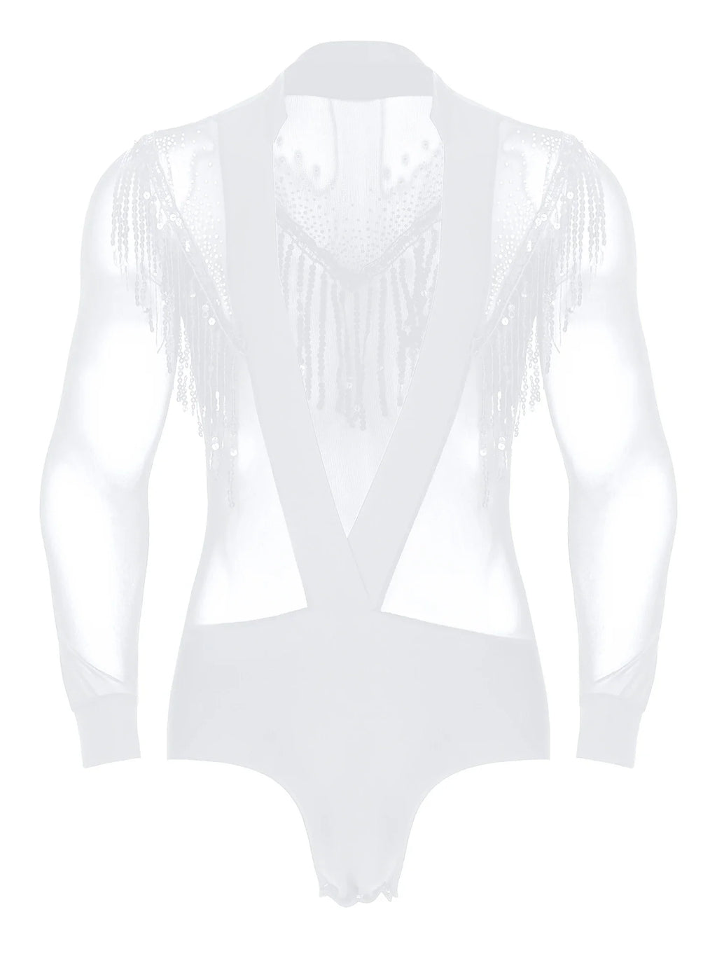 Men's Latin Salsa Sequin Tassel & Rhinestone V-Neck Performance Leotard Bodysuit