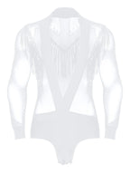 Men's Latin Salsa Sequin Tassel & Rhinestone V-Neck Performance Leotard Bodysuit