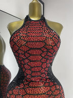 Claret Red Snakeskin Rhinestone Halter Gown Backless Mesh Illusion Evening Maxi Dress