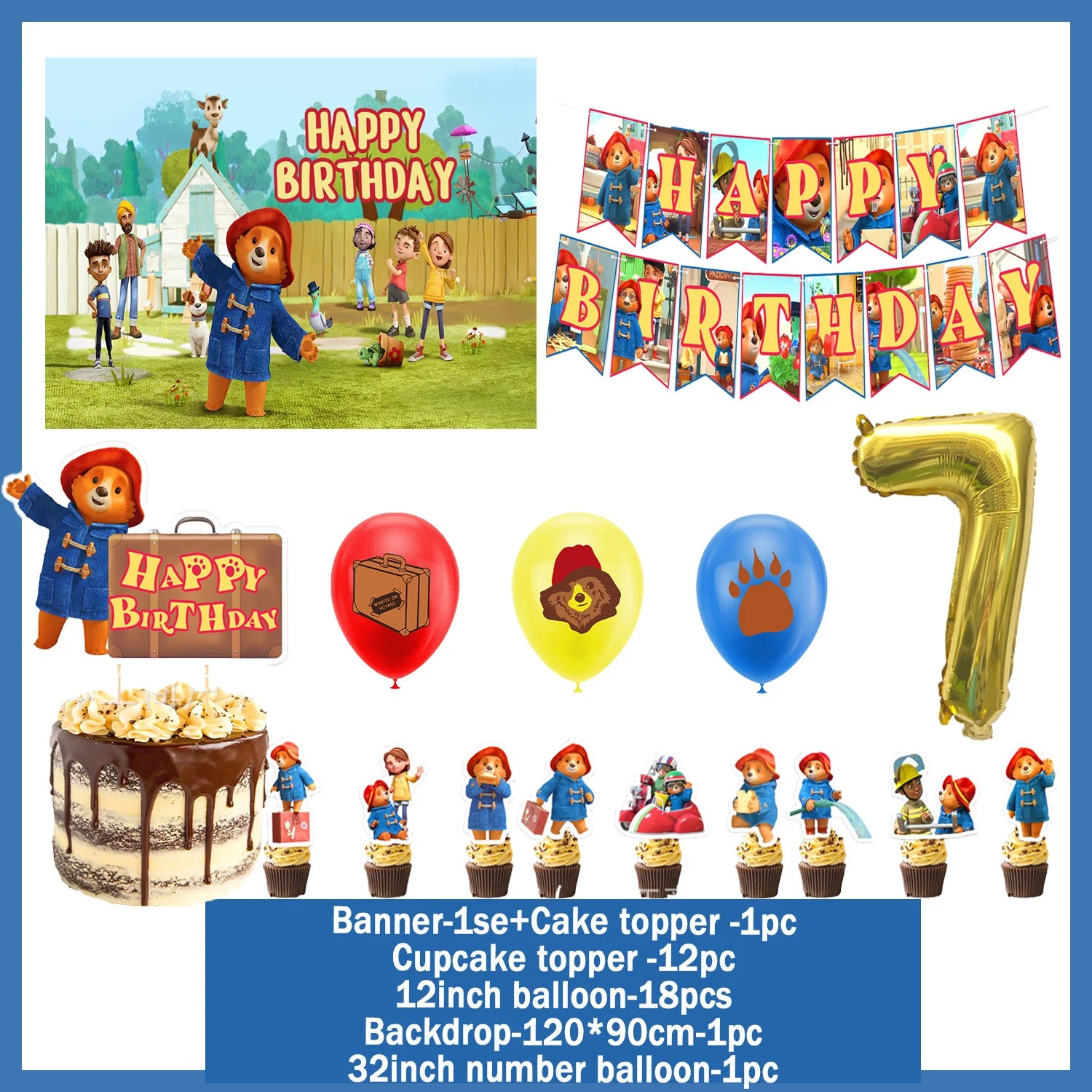 Cartoon&Paddingtons Party Supplies Happy Birthday Banner Bears Balloons Cupcake Toppers Backdrop Kids Birthday Baby Shower Gift