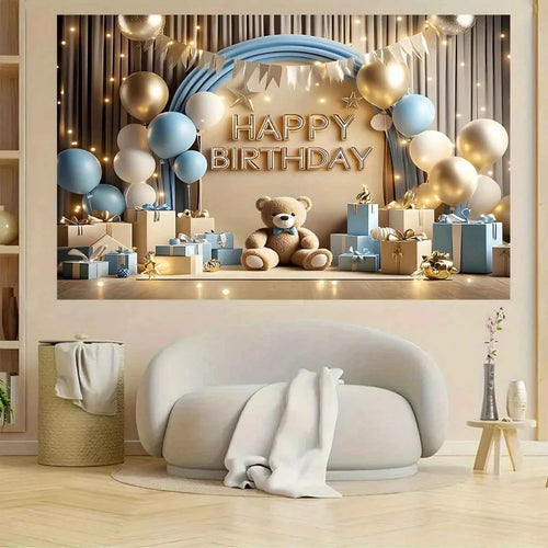 1 "Happy Birthday" background banner - a vibrant party decoration featuring balloons, gift boxes and teddy bear designs