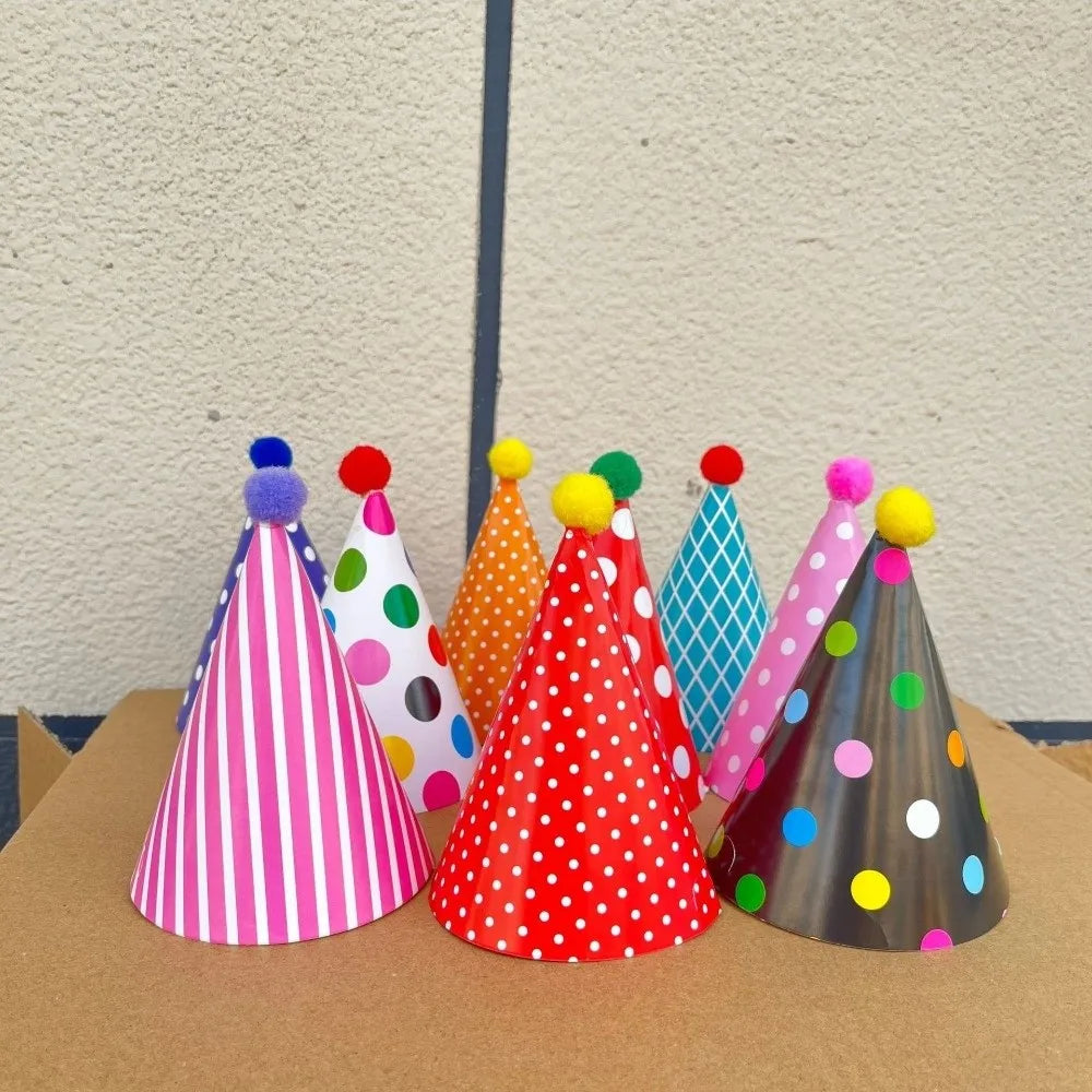 Polka Dot Birthday Party Hats Colorful Paper Party Cone Hats with Pom Poms DIY Handmade Birthday Crown Hat Birthday Photo Props - Big Tim's Magic Emporium