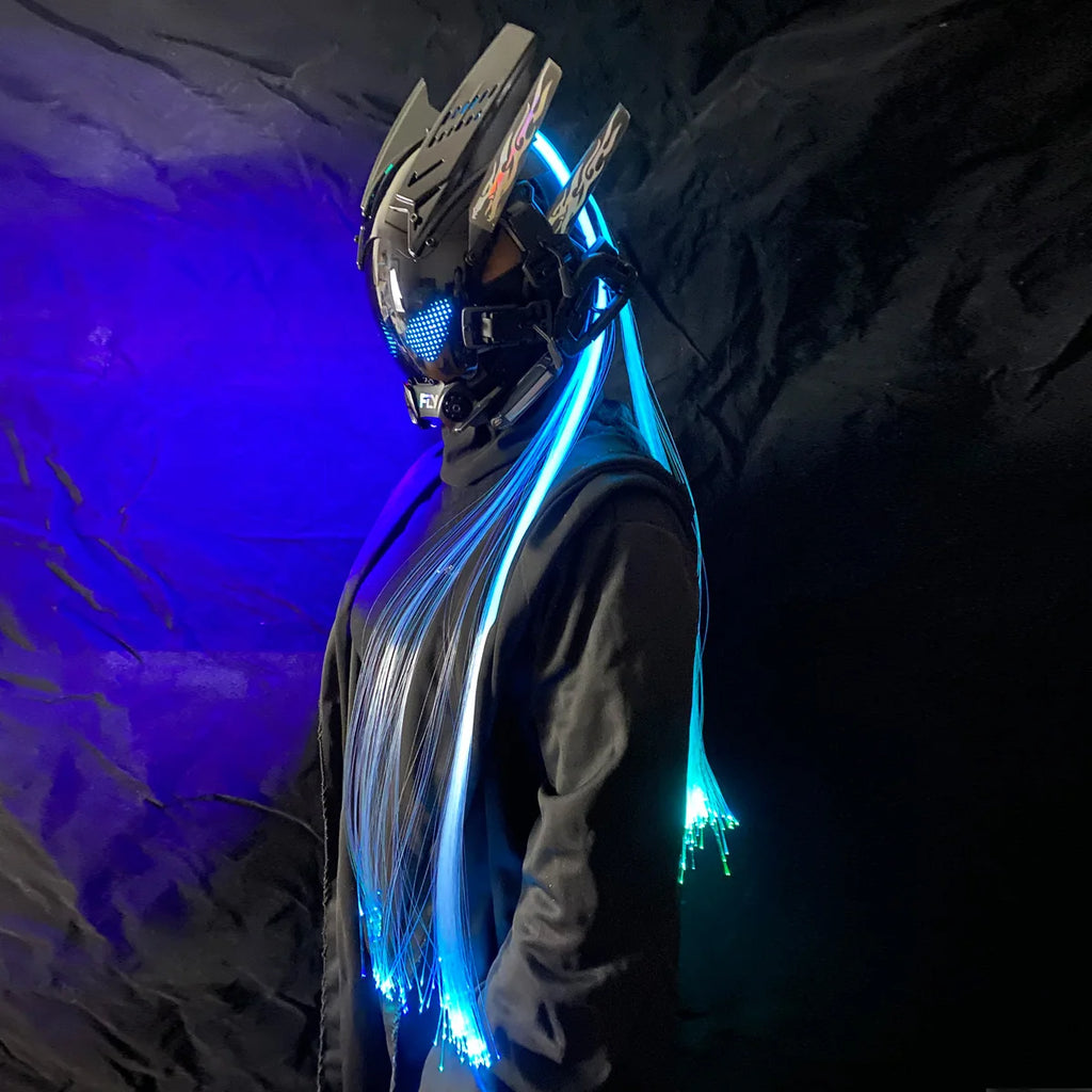 Cyber Punk Mask Mech Warrior Cosplay Helmet With LED Color Screen With Light Up Braids Cosplay Helmet Halloween Party Props Gift - Big Tim's Magic Emporium