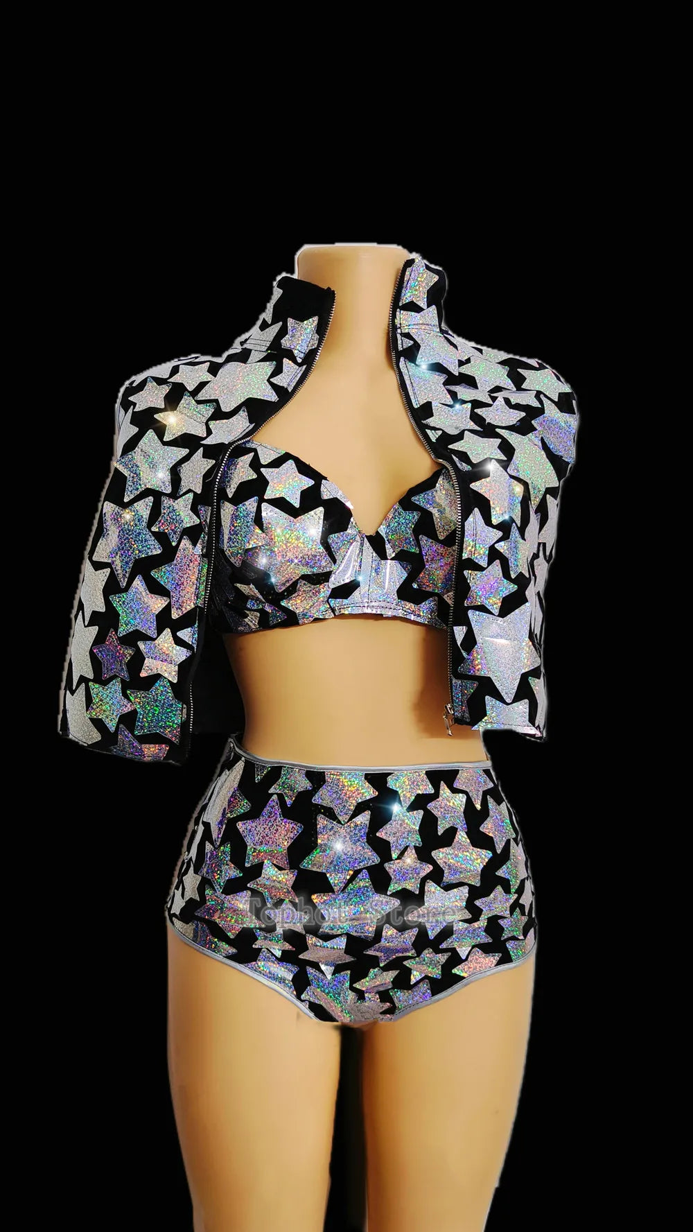 Silver Laser Star Sequin 3-Piece Showgirl Costume Set – Velvet Stage Performance Vest, Bra & Shorts
