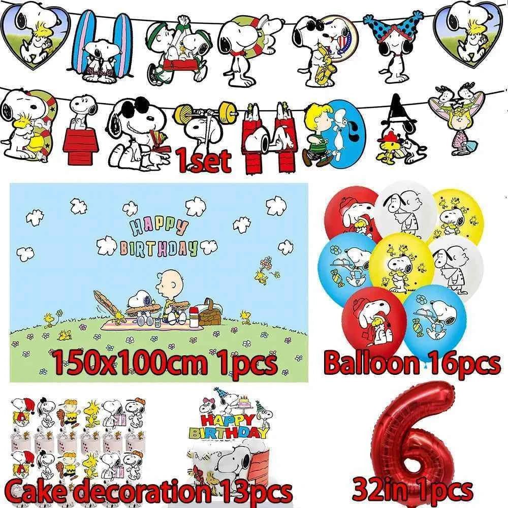 Cartoon Snoopys Birthday Decoration Set Banners Cake Toppers Balloons Backdrops Kids Birthday Gifts Baby Shower Party Supplies