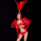 Red Feather Beading Headgear Bikini Dance Outfit Women Nightclub Party Show Stage Wear Bar Concert Singer Performance Costume