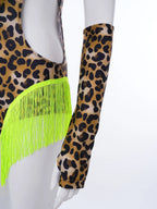 Leopard Cutout Bodysuit & Fringe Sleeves 2-Piece Latin Ballroom Stage Costume Set