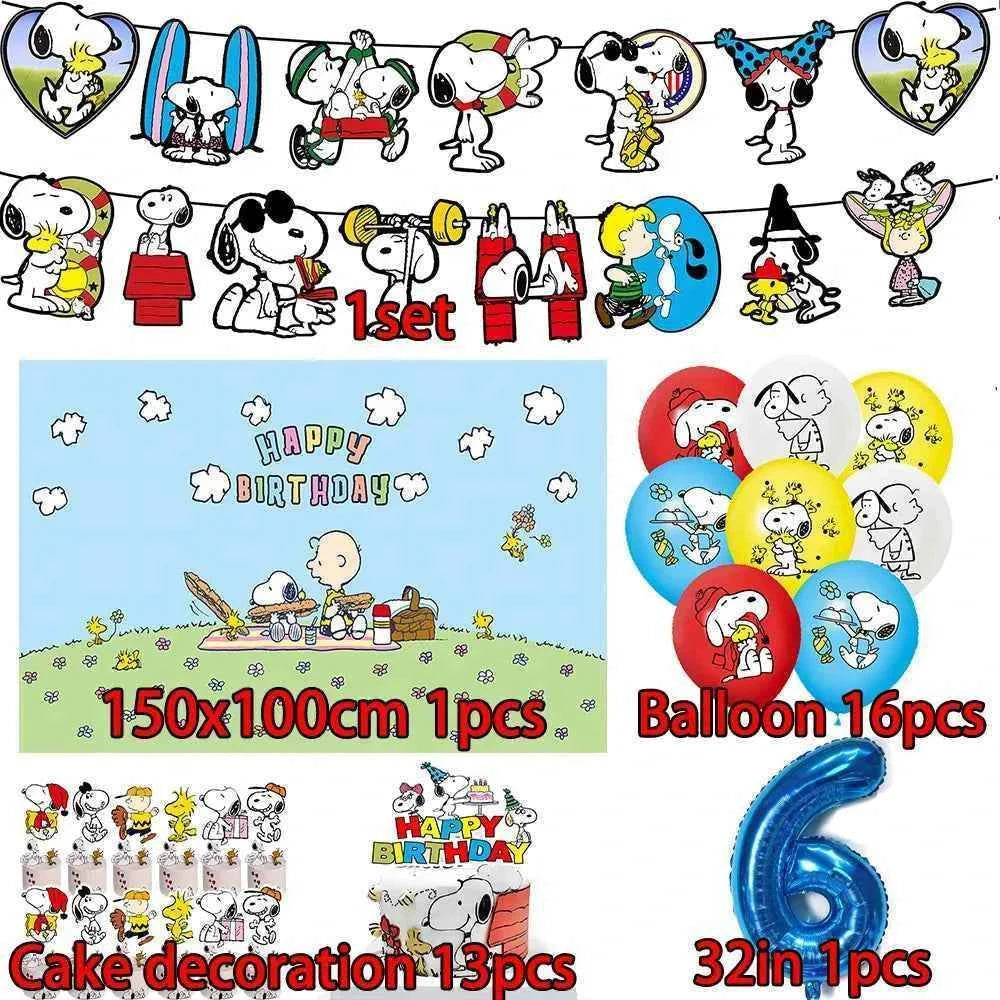 Cartoon Snoopys Birthday Decoration Set Banners Cake Toppers Balloons Backdrops Kids Birthday Gifts Baby Shower Party Supplies