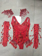 Sexy Nightclub Bar Gogo Dance Costume Red Rhinestones Fringe Mesh Bodysuit Gloves Performance Stage Wear Party Show Rave Outfits