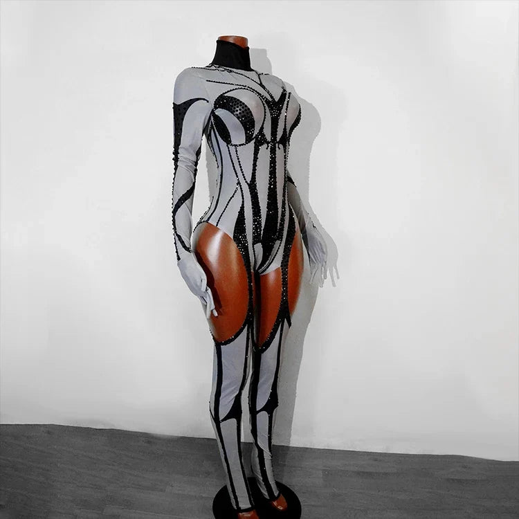 Rhinestone Mesh Jumpsuit Costume Set