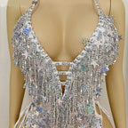 Sparkly Silver Beaded Sequin Samba Leotard Bodysuit & Necklace Set