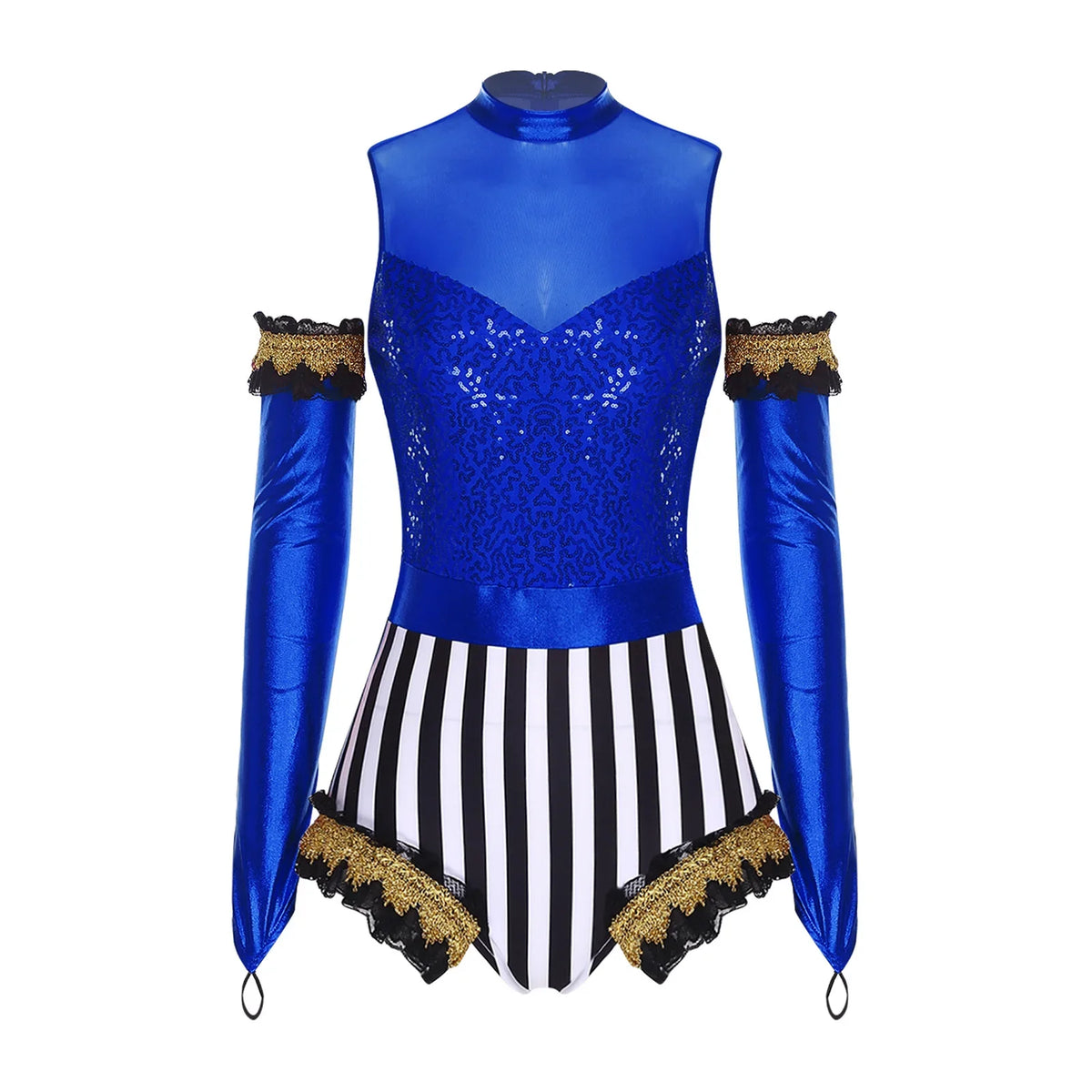 Circus Ringmaster Sequin Striped Bodysuit & Metallic Gloves 2-Piece Stage Costume Set