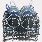 Studded Denim Bustier Crop Top Studded Punk Style Stage Costume Top