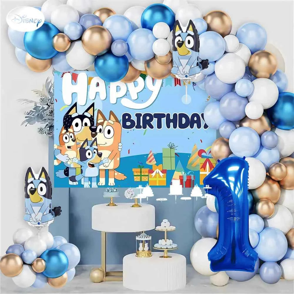 Bluey Birthday Party Decorations Balloon Garland Kit with Bluey Foil Balloons & Happy Birthday Backdrop for Kids Party Supplies