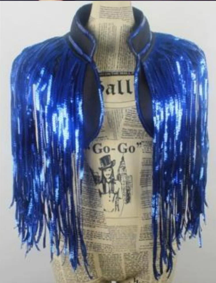 Metallic Sequin Tassel Showgirl Fringe Jacket – Unisex Stage Performance Crop Coat