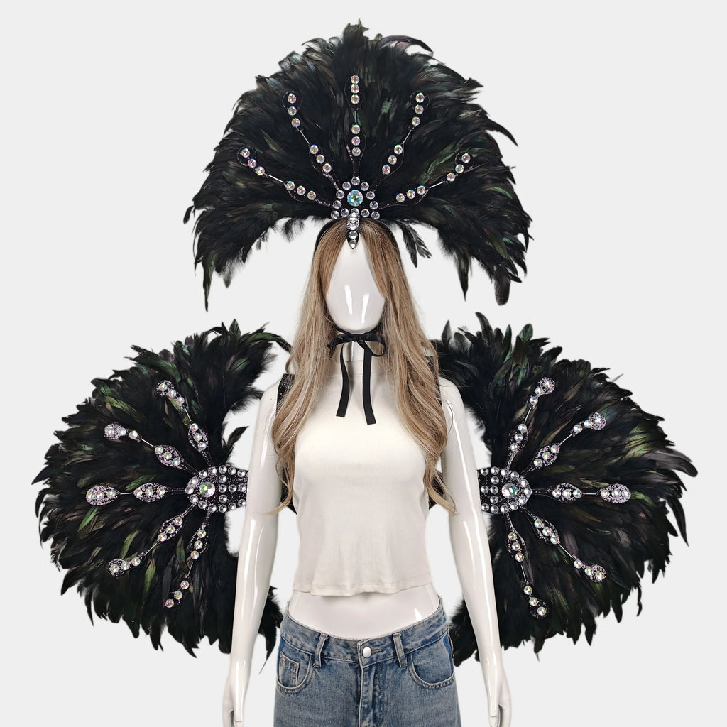 Unisex Artisanal Feather Headdress & Wings Carnival Performance Set