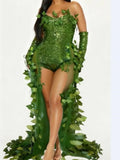 Emerald Ivy Leaf Sequin High-Low Gown & Gloves Sexy Botanical Villain Costume Set