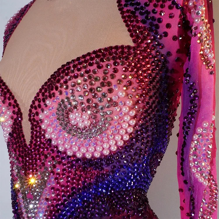 Luxury Pink Rhinestone long sleeve bodysuit Dancer Stage Wear Perform Show Girl Sheer Drag Queen Outfit Bar Nightclub