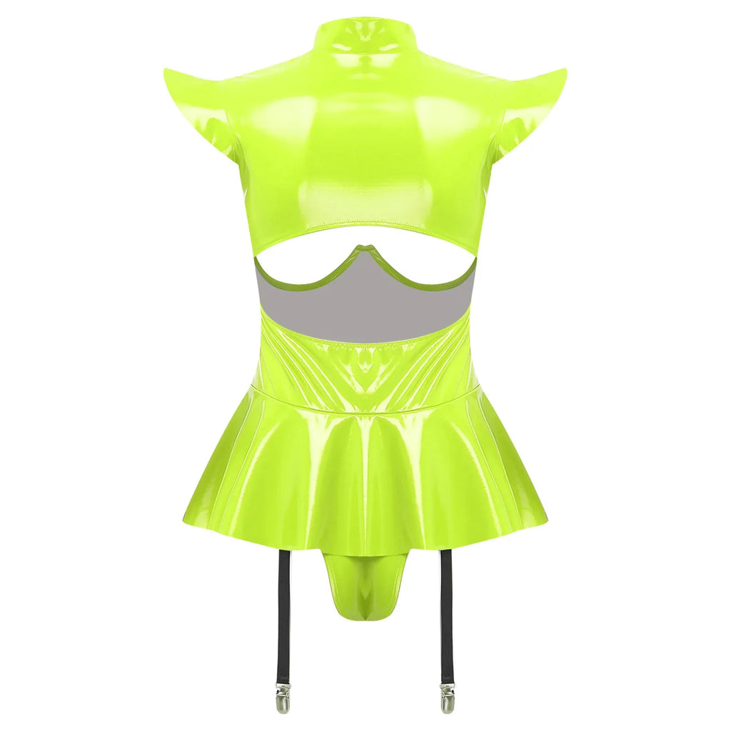 Glossy Wet-Look Halter Romper Bodysuit with Flared Skirt Hem & Integrated Garters