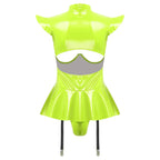 Glossy Wet-Look Halter Romper Bodysuit with Flared Skirt Hem & Integrated Garters