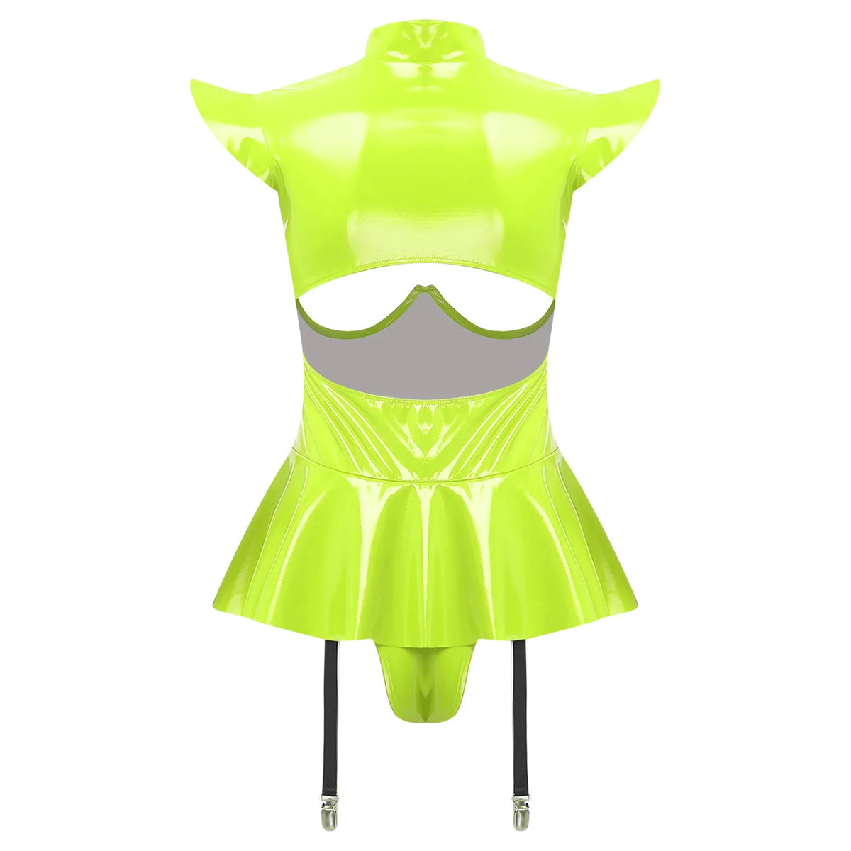 Glossy Wet-Look Halter Romper Bodysuit with Flared Skirt Hem & Integrated Garters
