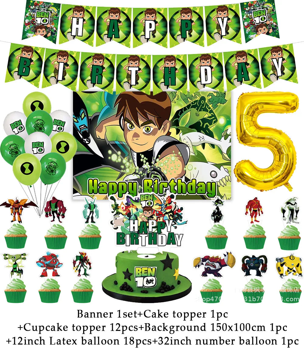 Cartoon Ben-10 Birthday Party Decoration Balloons Favor Set Banner Cake Toppers Baby Shower Boys Gift Party Supplies Photo Prop