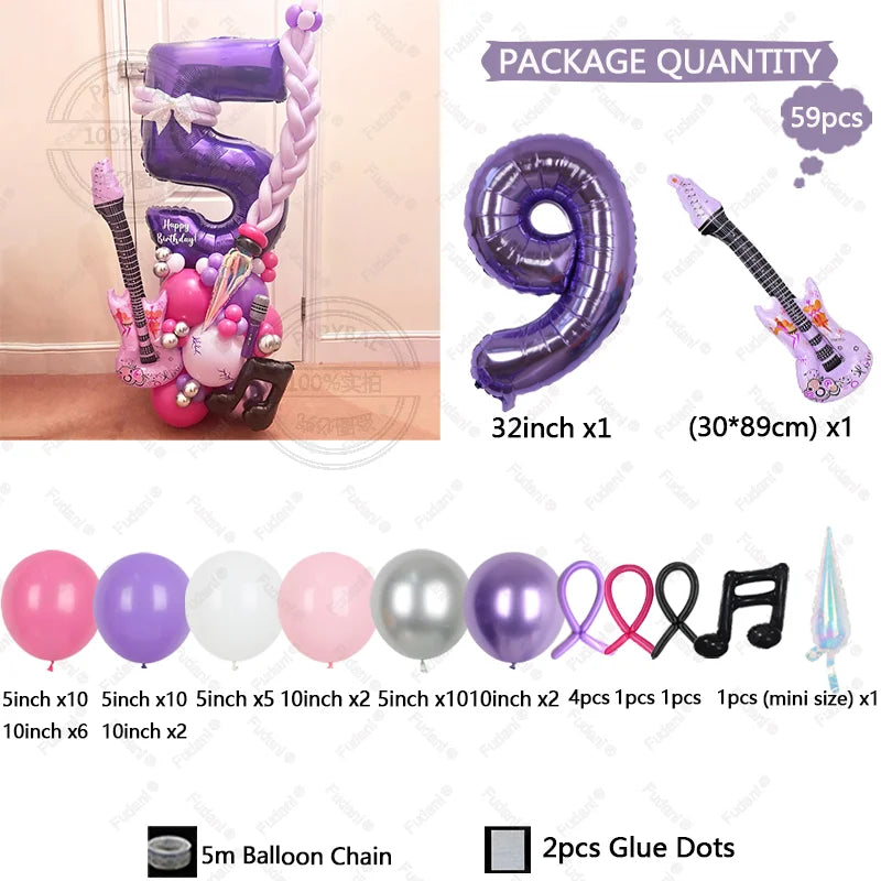 59pcs Guitar Balloon Purple Numbers 1-9 Birthday Balloon Set Music Theme Party Decoration Festival Photo Props Birthday Gift