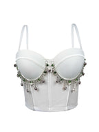 Mesh Bustier Corset Crop Top Diamond Embroidery Tassel Evening Party Bralette