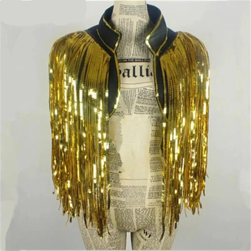 Metallic Sequin Tassel Showgirl Fringe Jacket – Unisex Stage Performance Crop Coat