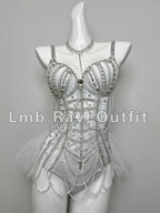 Black Beaded Chain Fringe Showgirl Bodysuit – Glamour Stage & Festival Performance Costume