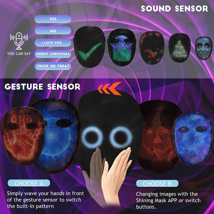 HD Luminous LED Mask with Voice Recognition Gesture Sensing Support Video Animation Programmable App Light up Mask - Big Tim's Magic Emporium