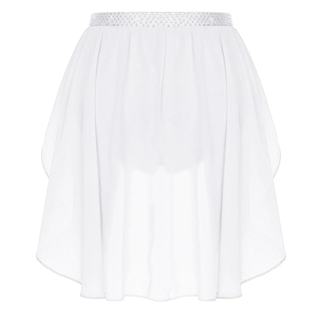 Womens Modern Lyrical Dance Skirt Performance Costume Sparkly Rhinestone Irregular Chiffon Hem Built-in Briefs Skirt Dancewear