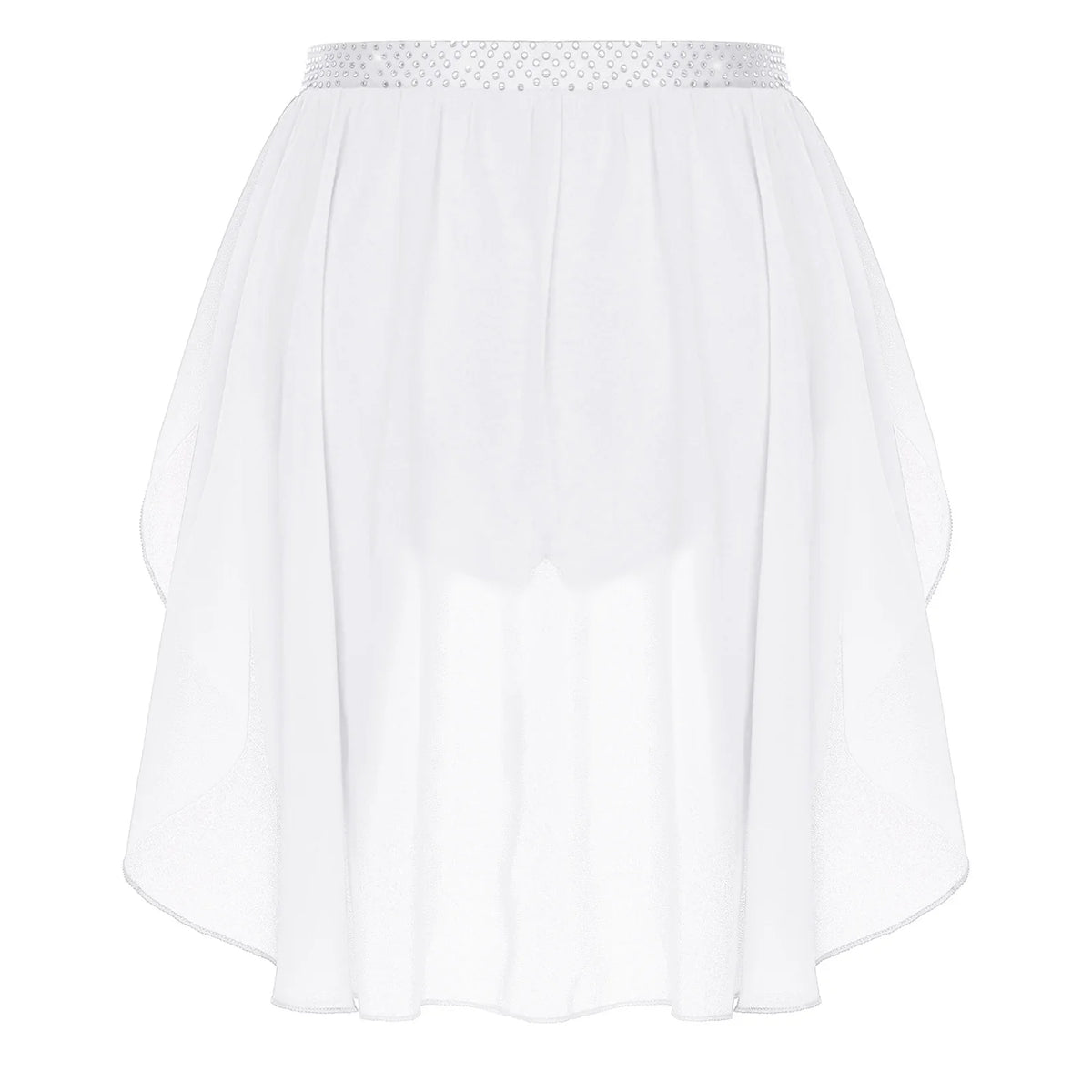 Womens Modern Lyrical Dance Skirt Performance Costume Sparkly Rhinestone Irregular Chiffon Hem Built-in Briefs Skirt Dancewear