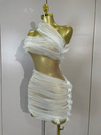 Vintage-Inspired White One-Shoulder Mesh Party Dress