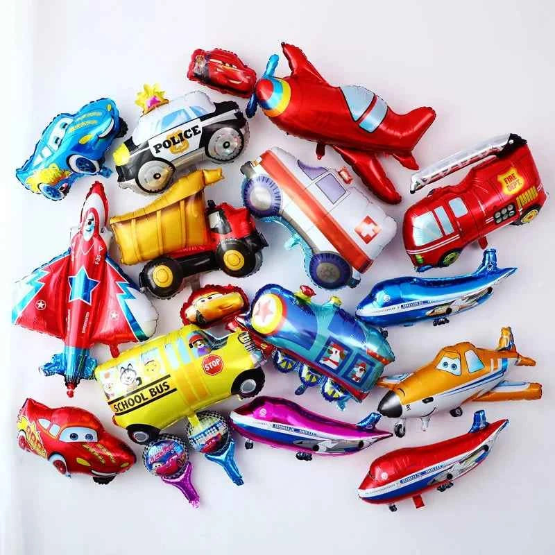 5 random mini transportation balloons, mini trains, school buses, fire trucks, balloons, cars, themed birthday party decorations