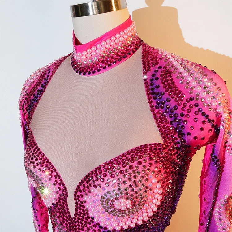 Luxury Pink Rhinestone long sleeve bodysuit Dancer Stage Wear Perform Show Girl Sheer Drag Queen Outfit Bar Nightclub