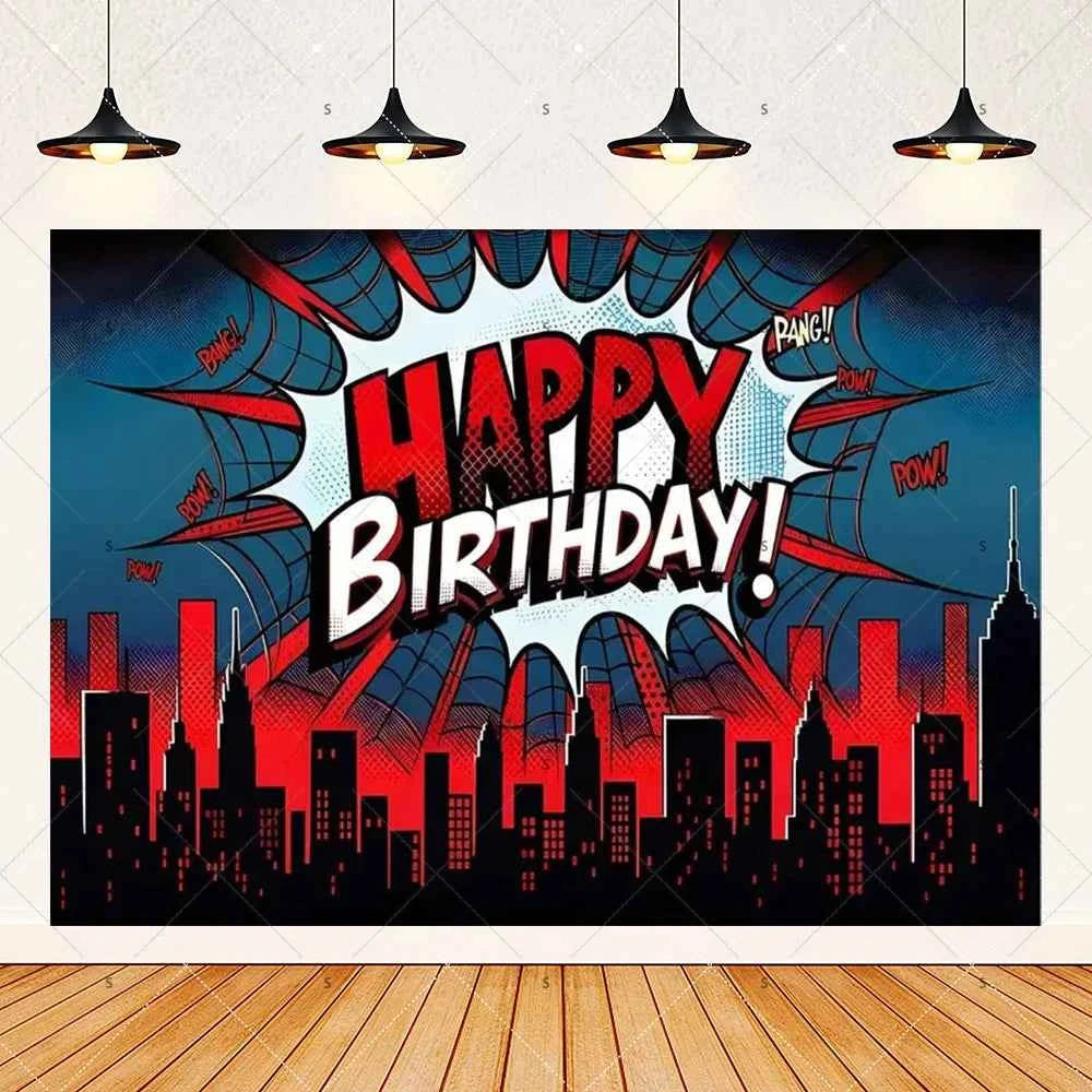 Customized Photography Studio Props Cartoon Superhero City Background Fecoration Children's Happy Birthday Outdoor Party Banner