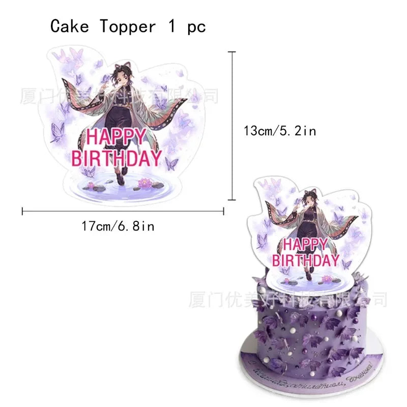 Demon Slayer Anime Kochou Shinobu Party Set Supplies Kimetsu No Yaiba Balloon Girl's Birthday Decoration Banner Cake Topper Gift