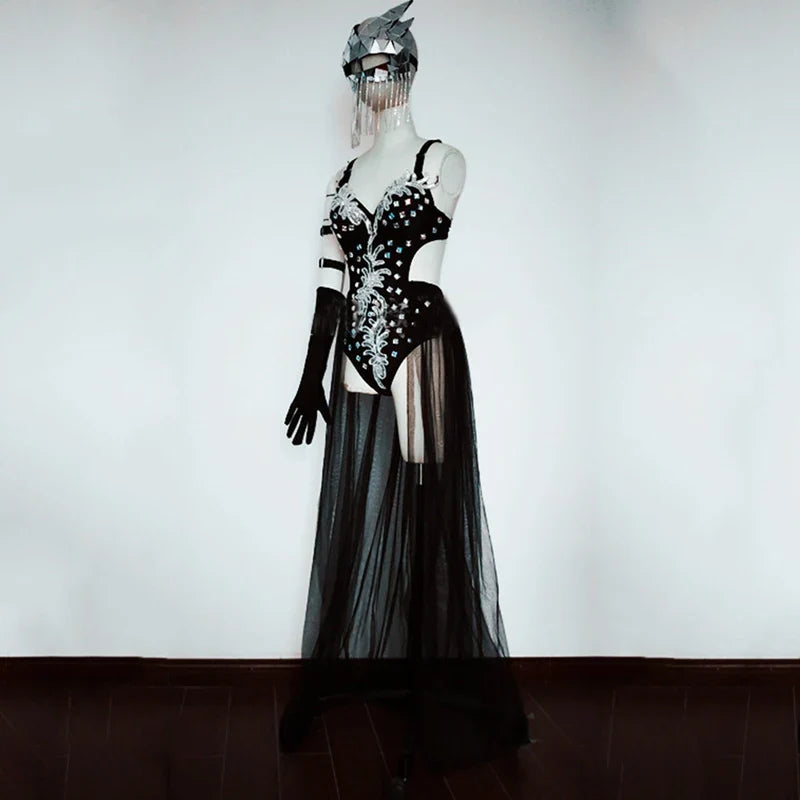 Silver Mirror Sequin Bodysuit & Dramatic Train Skirt Gogo Stage Costume Set