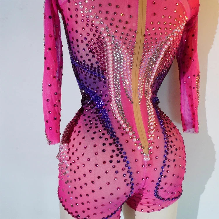 Luxury Pink Rhinestone long sleeve bodysuit Dancer Stage Wear Perform Show Girl Sheer Drag Queen Outfit Bar Nightclub
