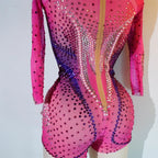 Luxury Pink Rhinestone long sleeve bodysuit Dancer Stage Wear Perform Show Girl Sheer Drag Queen Outfit Bar Nightclub