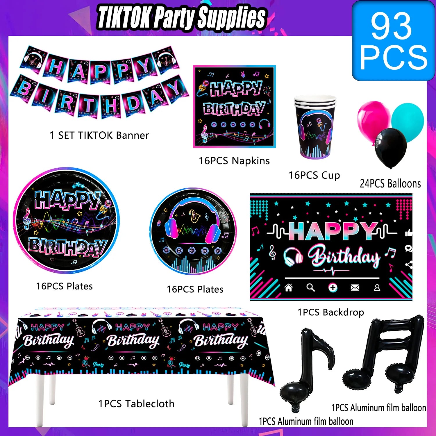 Tik Tok Party Supplies,93pcs Tiktok Party Decorations & Tableware Set - Tik Tok Party Cups,Napkins Backdrop etc Party Supplies - Big Tim's Magic Emporium