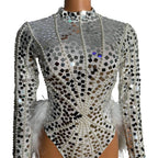 Sparkly Silver Sequin Pearl & White Feather Bodysuit 2-Piece Set Stage Performance Costume