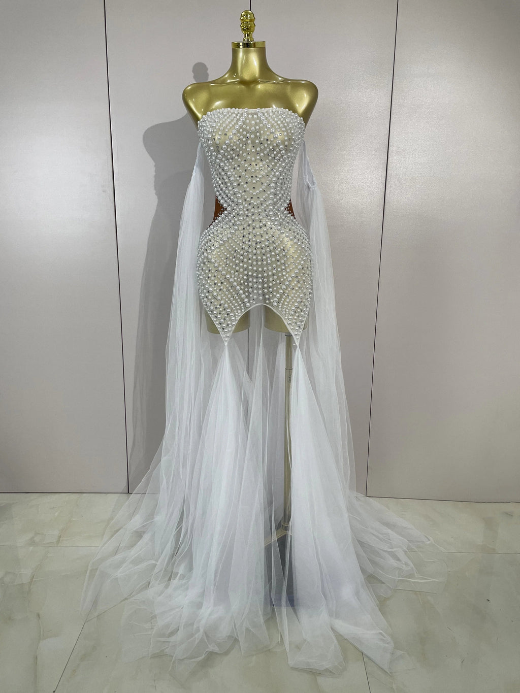 Luxury Birthday Evening Party Dress Elegant Sparkly Rhinestone Pearl Sexy Strapless Mesh Long Dress Prom Wedding Guest Gowns
