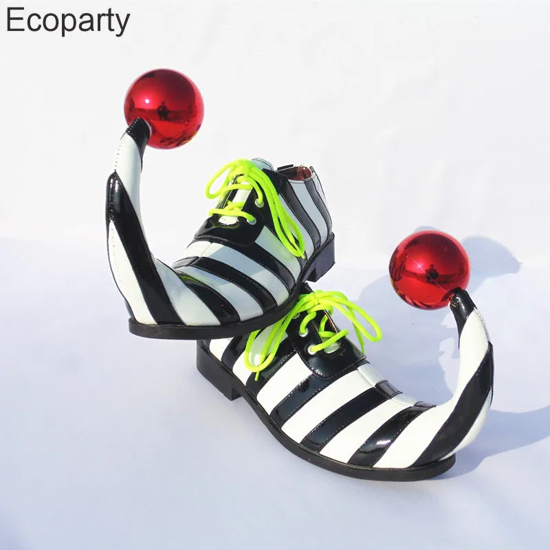 Adults Halloween Clown Cosplay Shoes Funny Circus Club Clown Performance Stripe Clown Shoes With Red Ball Carnival Cosplay Shoes - Big Tim's Magic Emporium