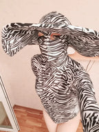 Zebra Stripe Cutout Bodysuit & Statement Big Hat 2-Piece Stage Dance Costume Set