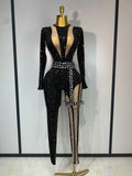 Sexy Sparkly Diamond Black Long Sleeves Bodycon Mesh Jumpsuit Evening Party Nightclub Bar Singer Performance Stage Costume