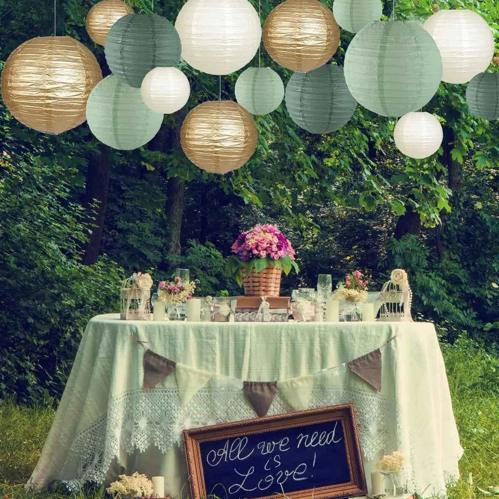 Paper Lanterns Decorations for Rustic Party Bridal Shower Wedding Sage Green Birthday Party Supplies Gold/Ivory/Sage Green 15pcs